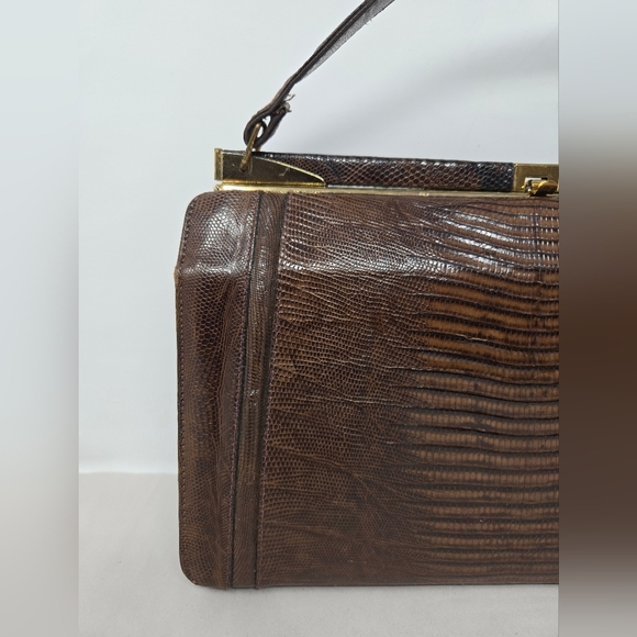 Womens Vintage Purse 1950's Dark Brown Exotic Repile Skin Arm Handbag Gold Tone - Picture 2 of 15